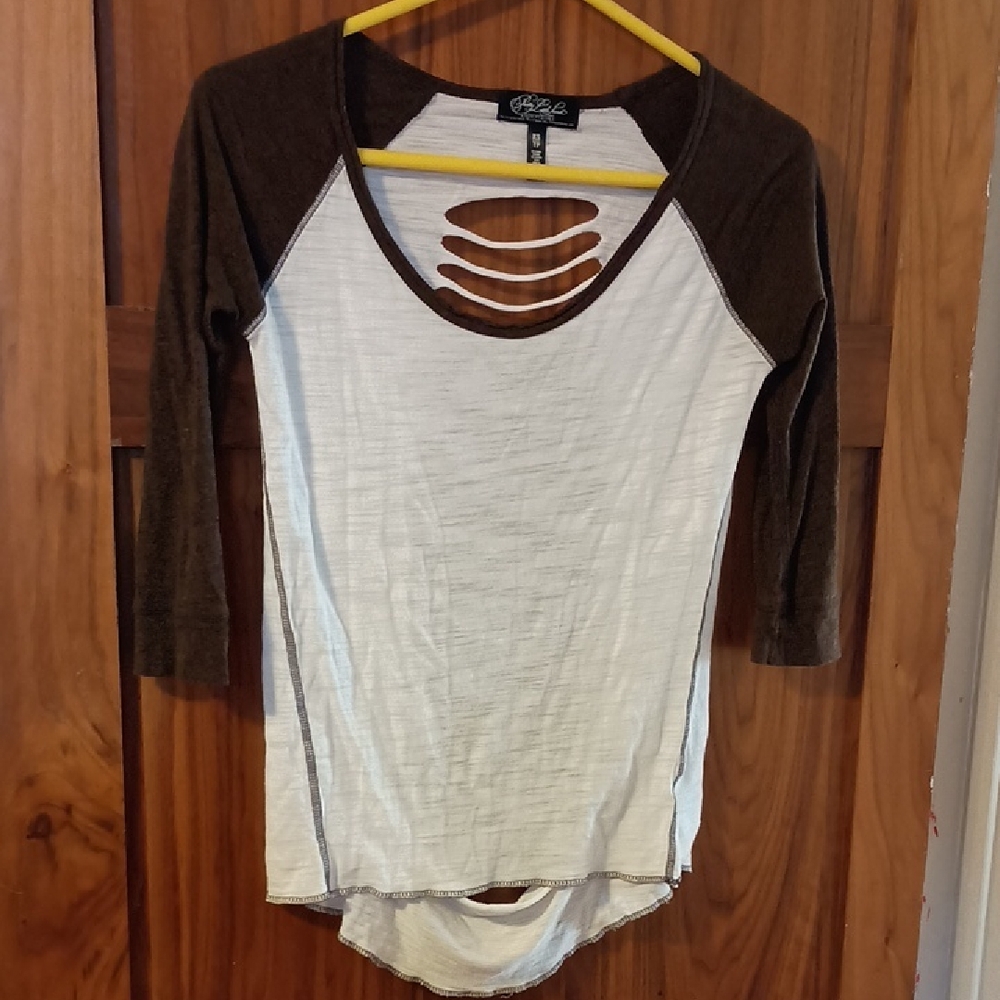 Pretty Little Liars By Aeropostale Brown and White Cut-Out 3/4 Sleeve Tee